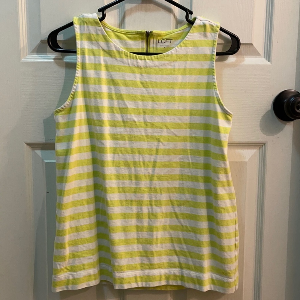 Bright green and white striped sleeveless top from Loft, size M